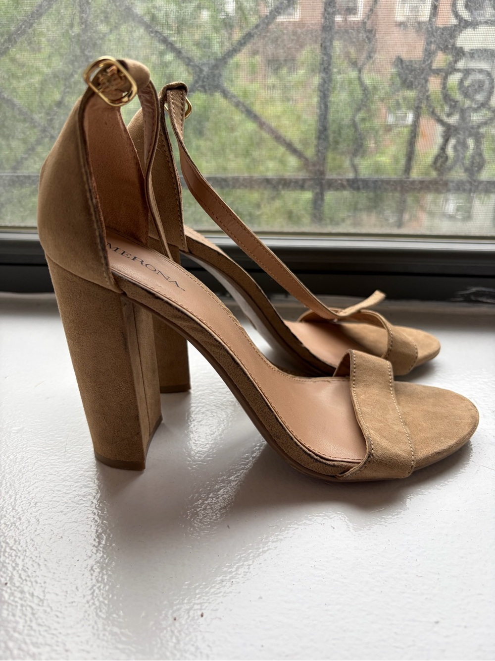 Merona Tan Suede Ankle Strap Block Heel Sandals